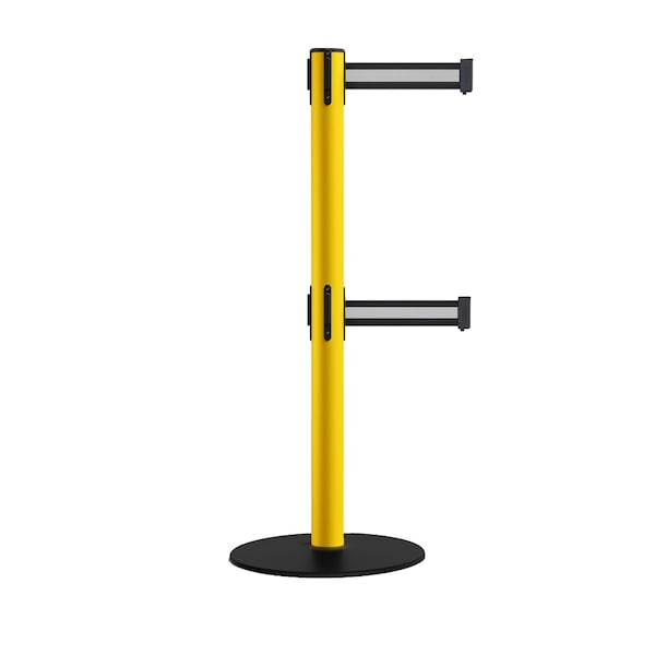 Montour Line Retractable Dbl Belt 2.5" YW Post , Low Base, 7.5'Bk/W H Belt S400D-YW-BWH-75 - main